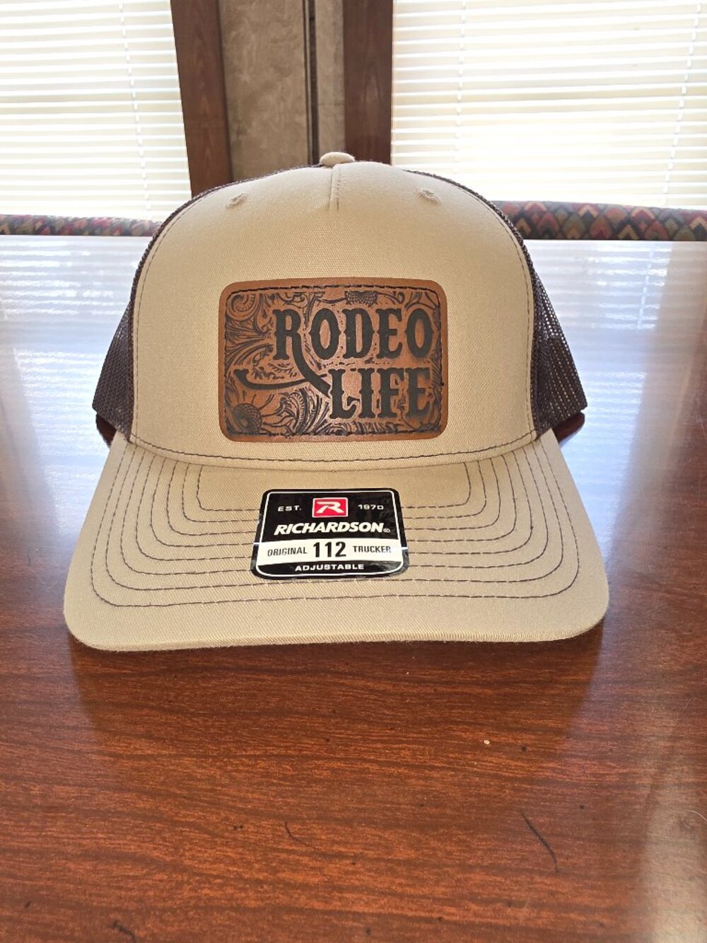 Richardson Beige/Brown Adjustable Mesh Back Trucker Hat "Rodeo Life" Patch